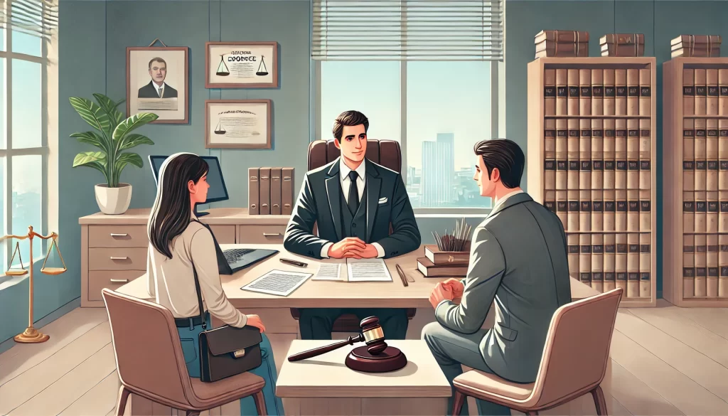 Experienced divorce lawyer in Ghaziabad offering consultation to a couple for mutual consent divorce, child custody, and property division.